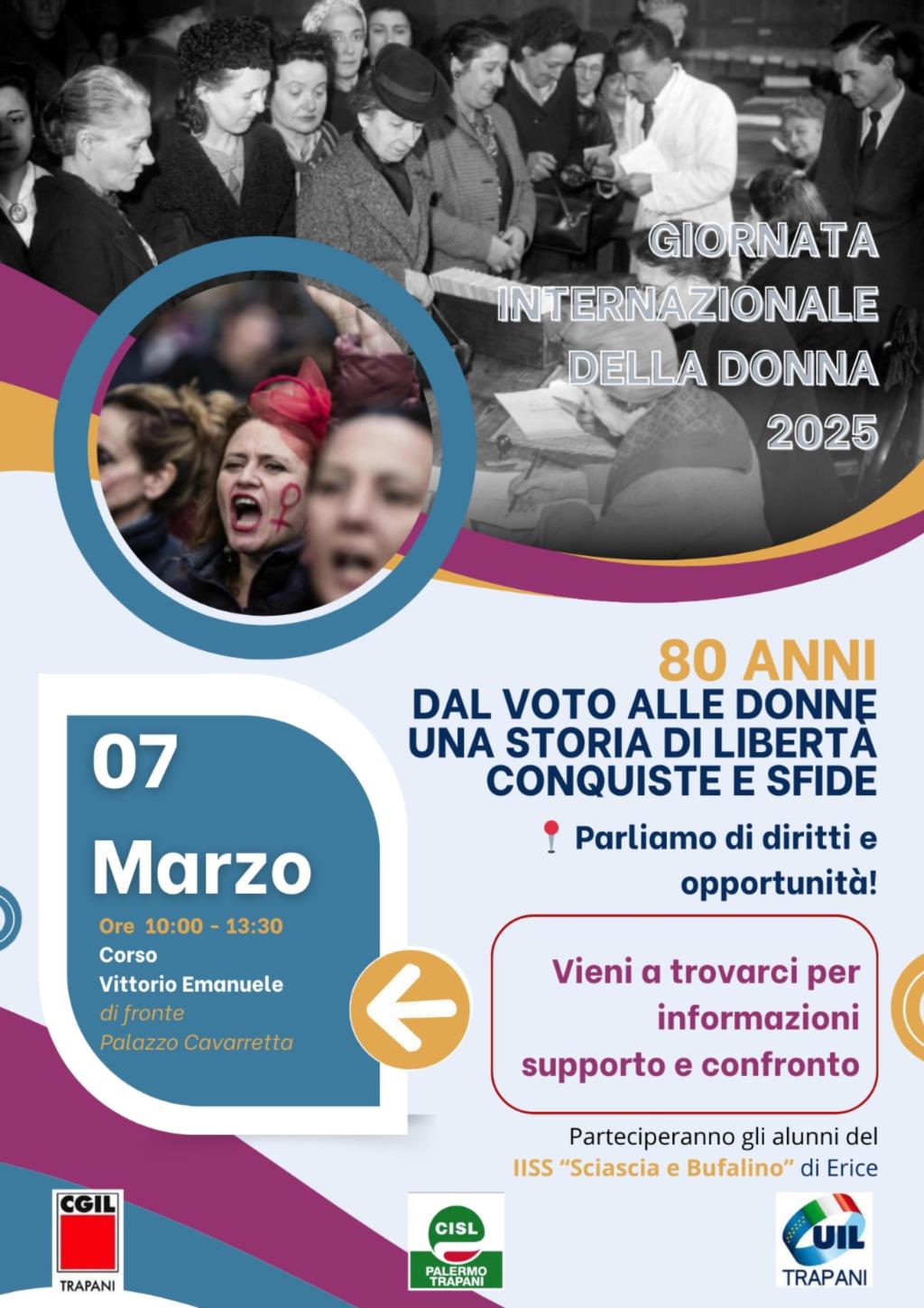 “80 anni. Dal voto alle donne una storia di libertà conquiste e sfide”, venerdì 7 marzo a Trapani l’iniziativa di Cgil Cisl Uil