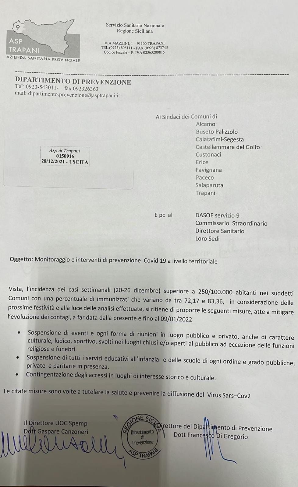 Trapani, l’Asp propone misure anti-Covid a 10 sindaci