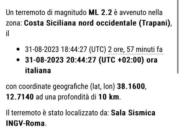 Scossa di terremoto avvertita a San Vito Lo Capo