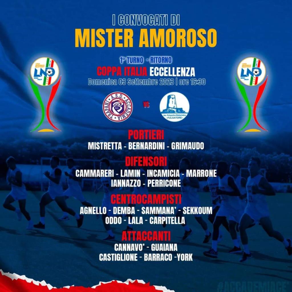 ASD Accademia: oggi si gioca il ritorno per primo turno di Coppa Italia