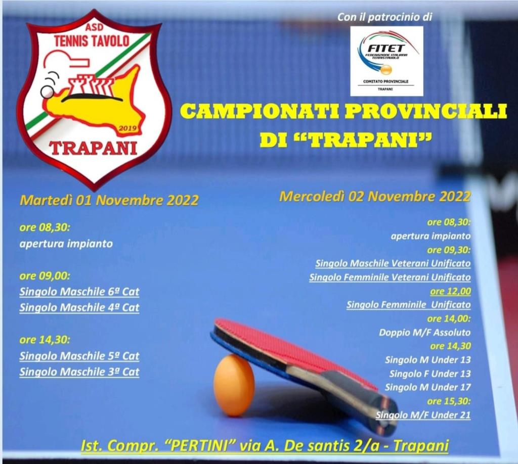 Tennistavolo: appuntamento a Trapani i giorni 1 e 2 novembre