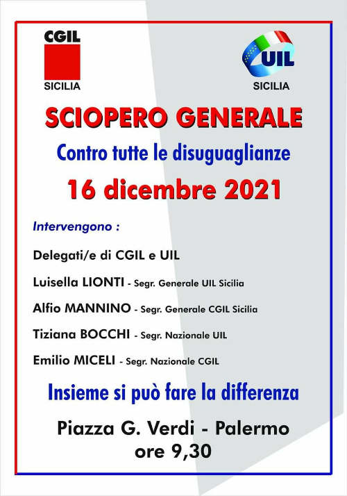 Sciopero generale: Cgil e Uil Trapani giovedì in piazza a Palermo