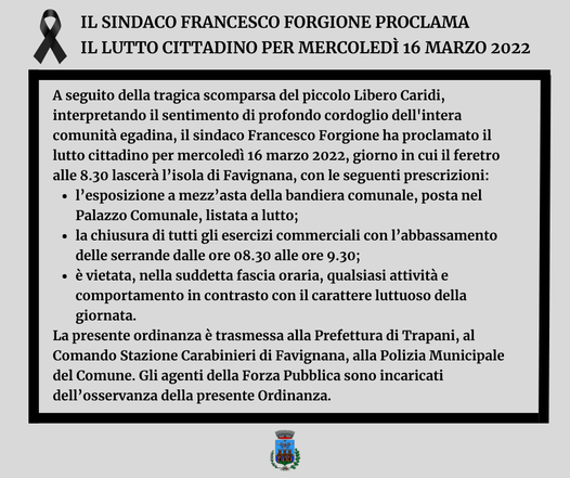 Bimbo morto a Favignana, proclamato il lutto cittadino