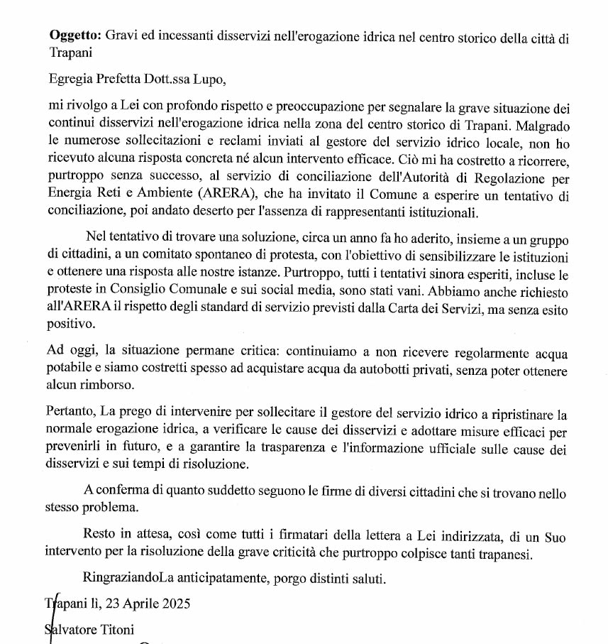 Il comitato cittadino spontaneo TP “L’acqua è un diritto di tutti” scrive al Prefetto
